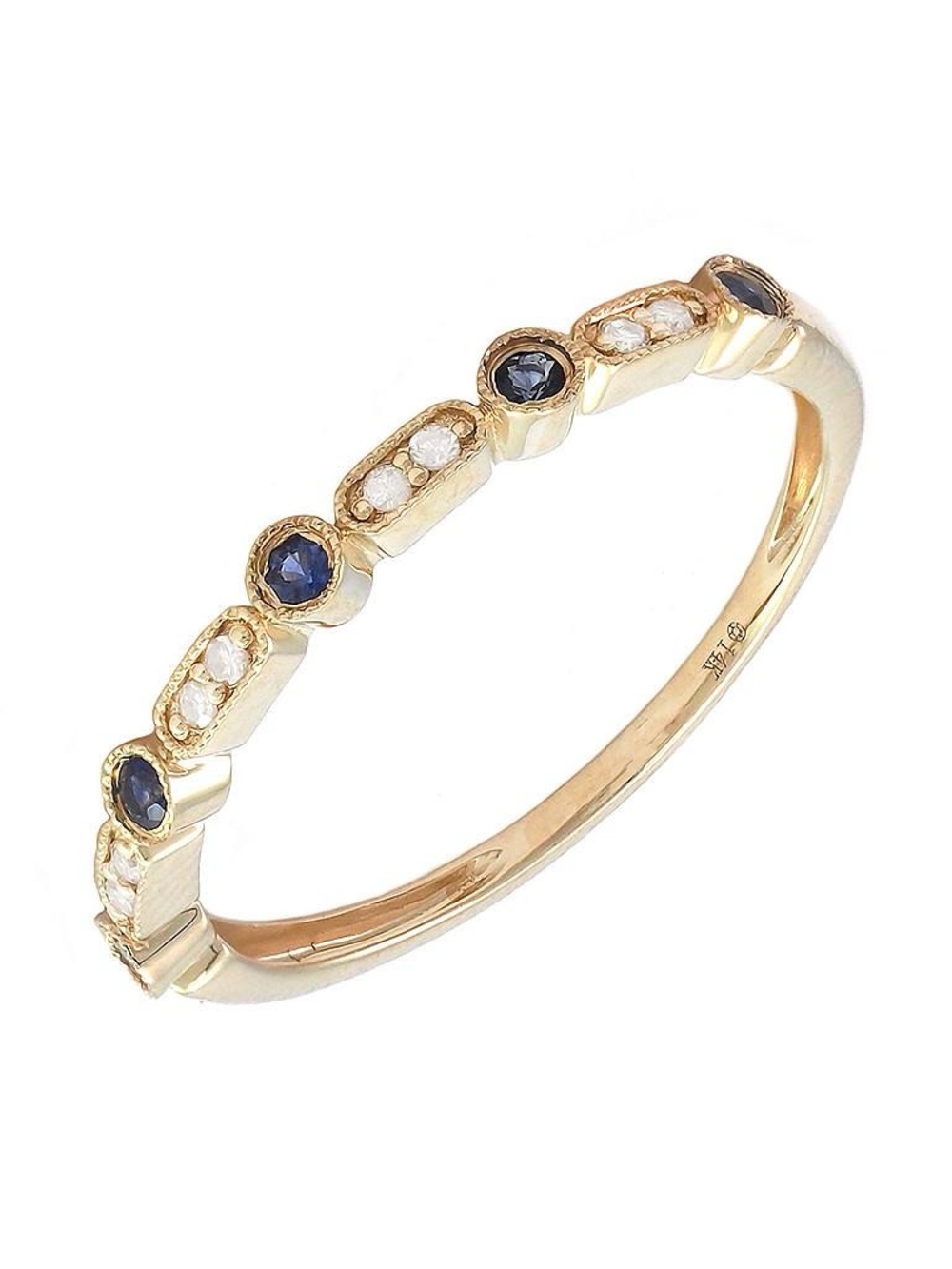 14K Real Yellow Gold Filigree Round Bezel Sapphire Ring Size 6.5
